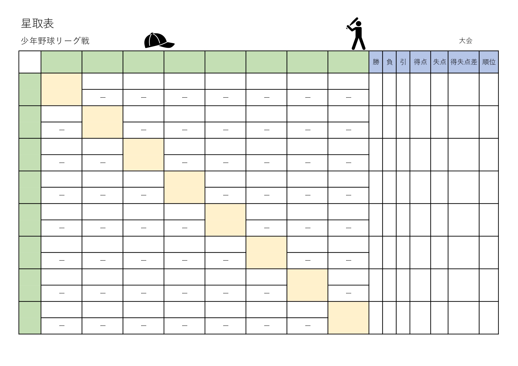 少年野球チームのリーグ戦の「星取表」！カラーで見やすい＆ワンポイントイラストがかわいい無料テンプレート 少年野球チームのリーグ戦用に作成された「星取表」の無料テ