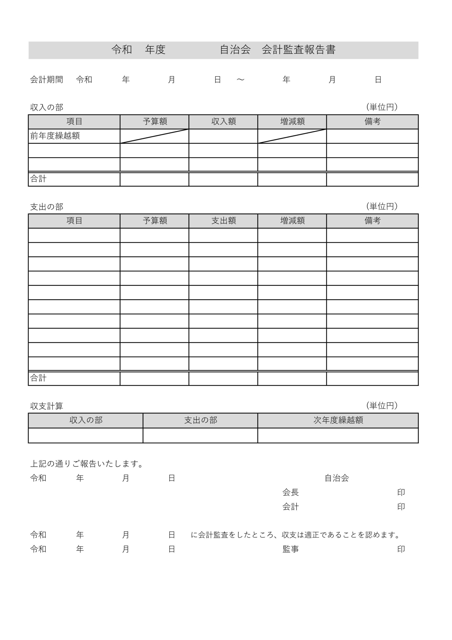 町内会や自治会で使える会計監査報告書のテンプレート・書き方もわかりやすいフォーマットで簡単作成可能！ 自治会・町内会で使える会計監査報告書の無料テンプレートにな