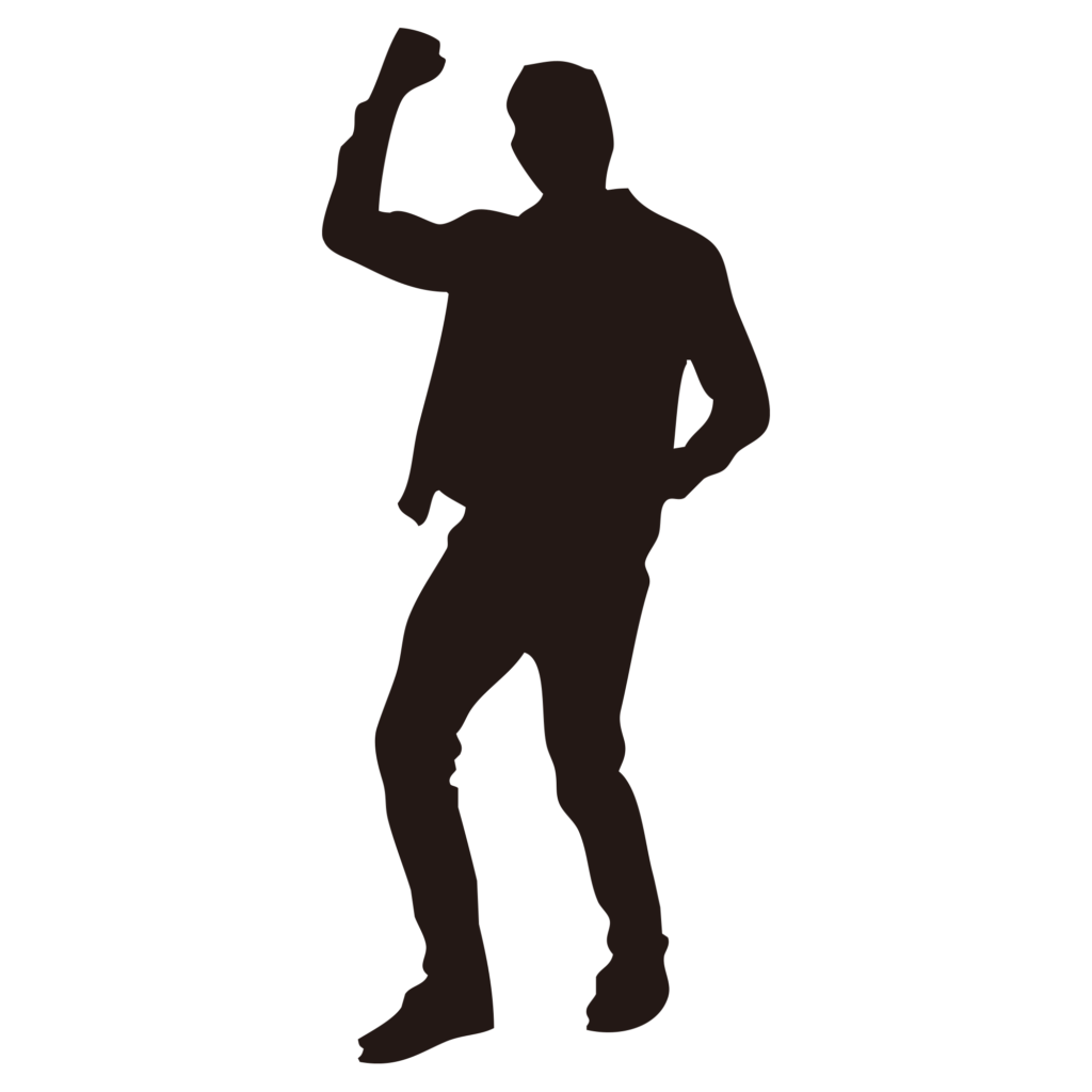 片手を力強く突き上げ、ガッツポ