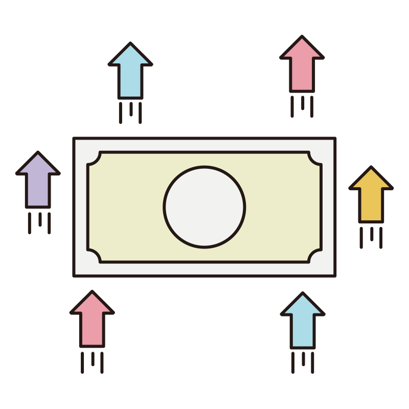 紙幣の周りにカラフルな上昇矢印