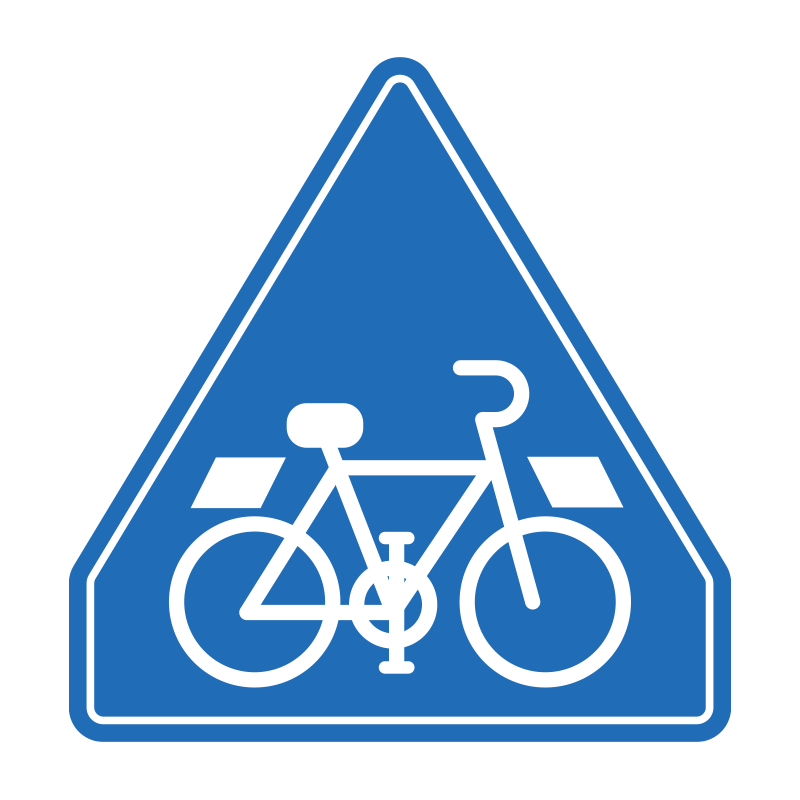 青い三角形の中に白い自転車のピ