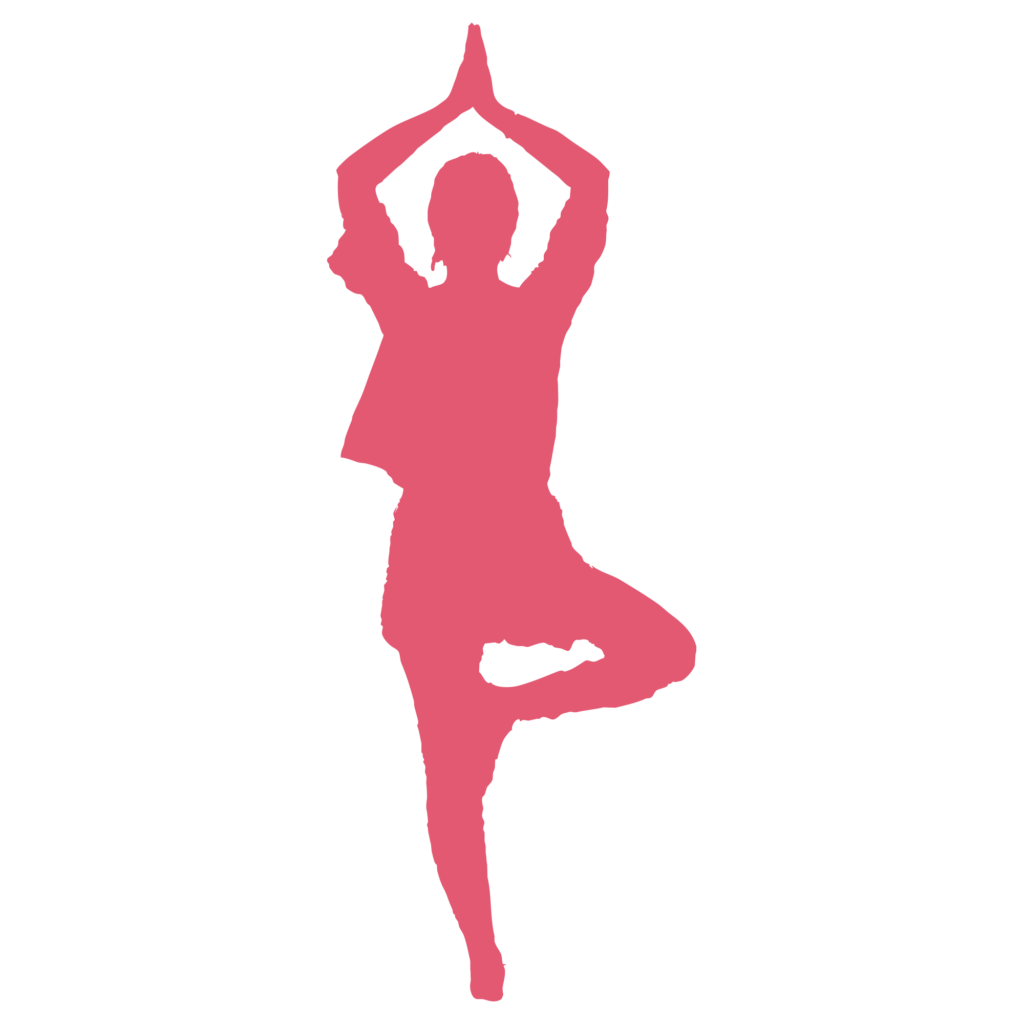 片脚で立ち、頭の上で両手を合わ