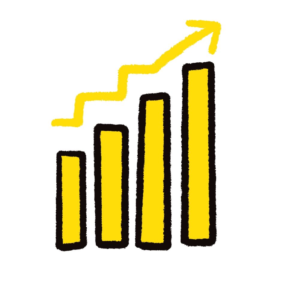 右肩上がりの棒グラフと上向きの