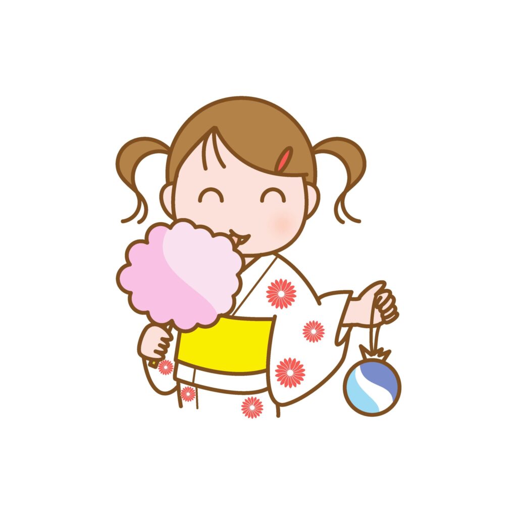 白地に赤い花柄の浴衣姿のかわい