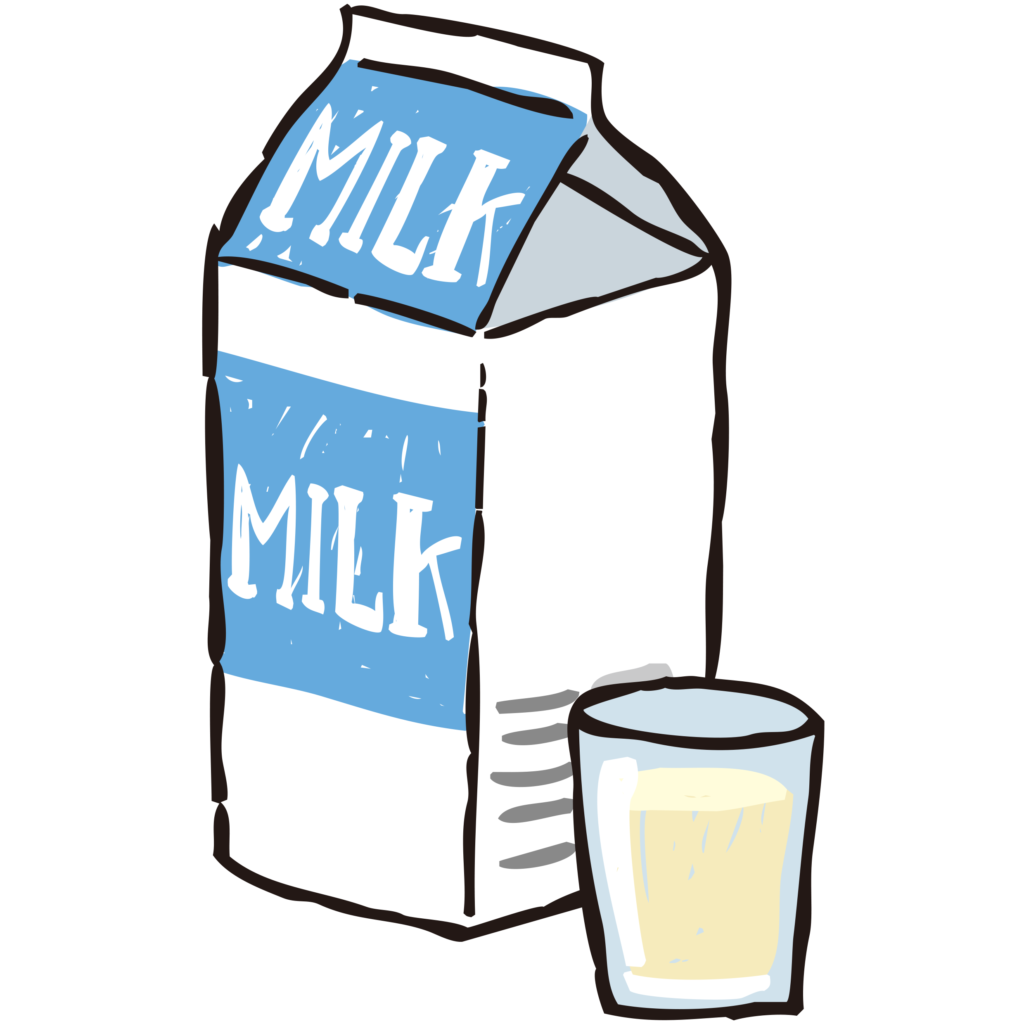 斜めから見た牛乳パックとコップ