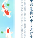 【和風・縦書き・暑中見舞いのテンプレート】淡いブルーのグラデーションのなかで、朱色と白のコントラストが美しい2匹の錦鯉が、仲良く優雅に泳いでいます。水面には波紋