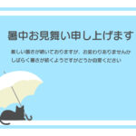【猫のイラスト】晴れ渡る真夏の青空をそのまま切り取ったような爽やかなスカイブルーの背景色です。左下には、ぽつんと置かれた真っ白な日傘と、その影で涼むように丸くな