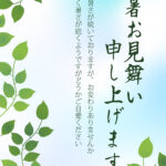 【ボタニカルアデザイン】グリーンの枝葉を美しくめぐらせた、ナチュラルで清涼感あふれる残暑見舞いのテンプレートです。生き生きと伸びる葉のグラデーションが、夏の力強