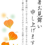 ふっくらと色づく「ほおずき」が初秋を告げる、ノスタルジックで温かみある和デザインの残暑見舞いのテンプレート。鮮やかなオレンジ色に熟した「ほおずき」は、夏の終わり