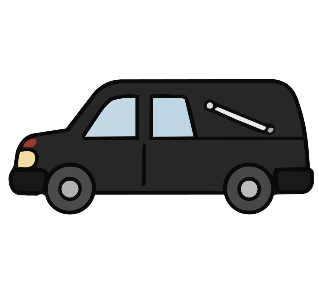 葬儀用の霊柩車のイラスト。終活