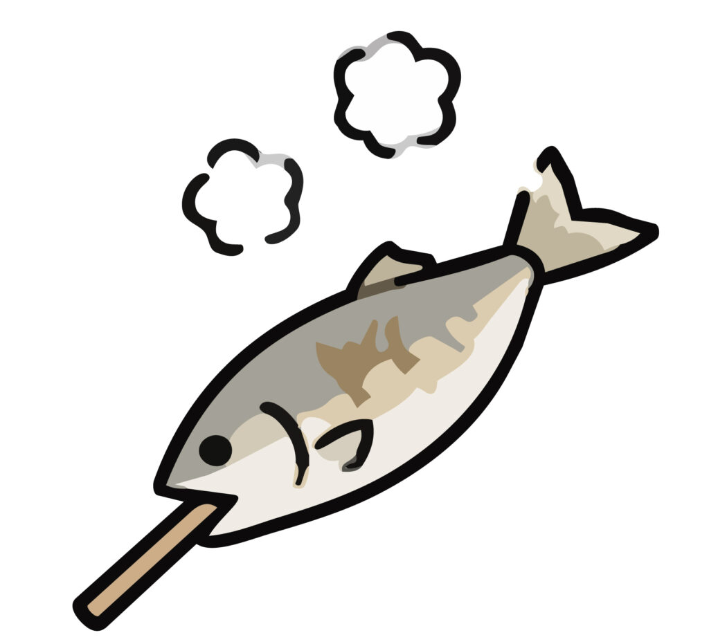 魚の焼きたての串焼きのイラスト