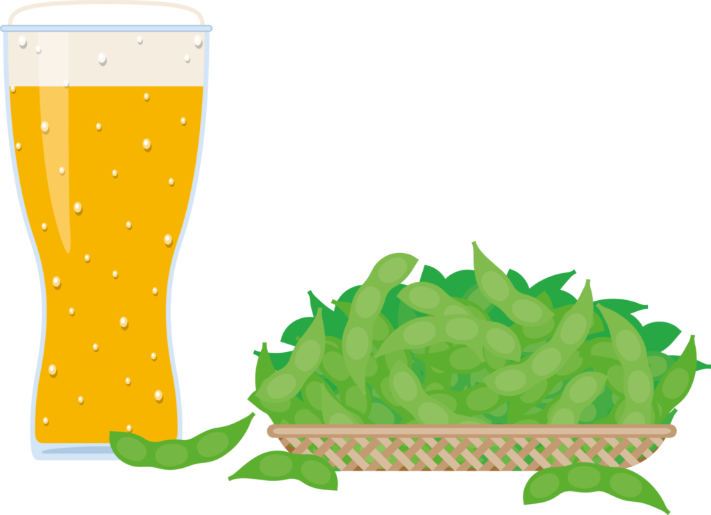 グラスビールと枝豆のイラストで