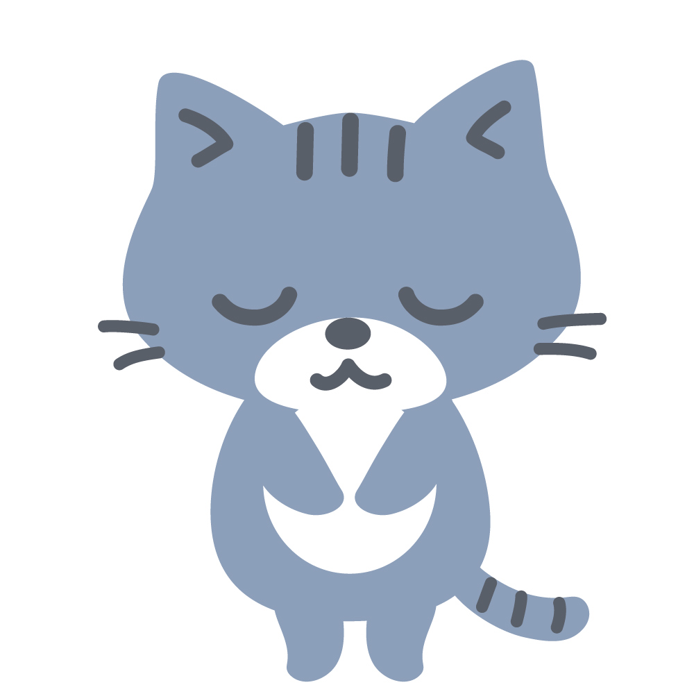 お辞儀をしている灰色ねこのイラ