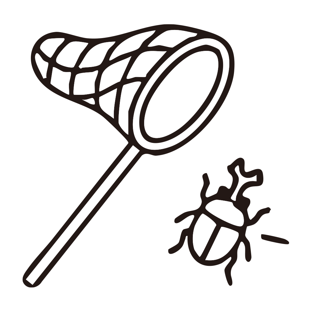 虫取り網とカブトムシを描いた、