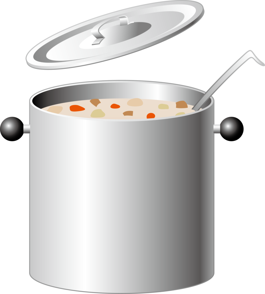 寸胴の大鍋で煮える給食のシチュ