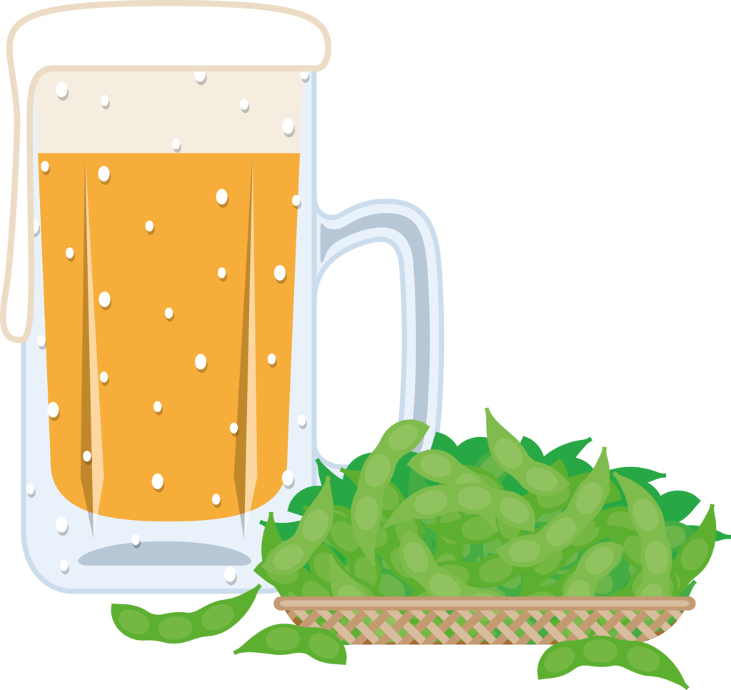 ビールと枝豆のイラストです。 