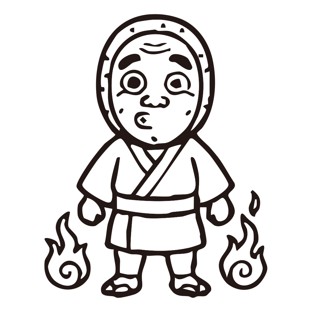 ひょっとこの面をかぶり、足元に