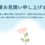 一輪のコスモスが秋の気配を優しく運ぶ、シンプルで上品な残暑見舞いのテンプレートです。淡く優しいピンク色の花びらと、細かく分かれた繊細な緑色の葉が丁寧に描かれてお