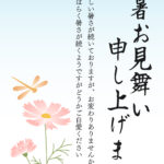 かわいい「コスモス」と「赤とんぼ」から秋を感じることができる、おしゃれな残暑見舞いのテンプレートです。優しく上品なピンク色をした「コスモス」の花が2輪、細くしな