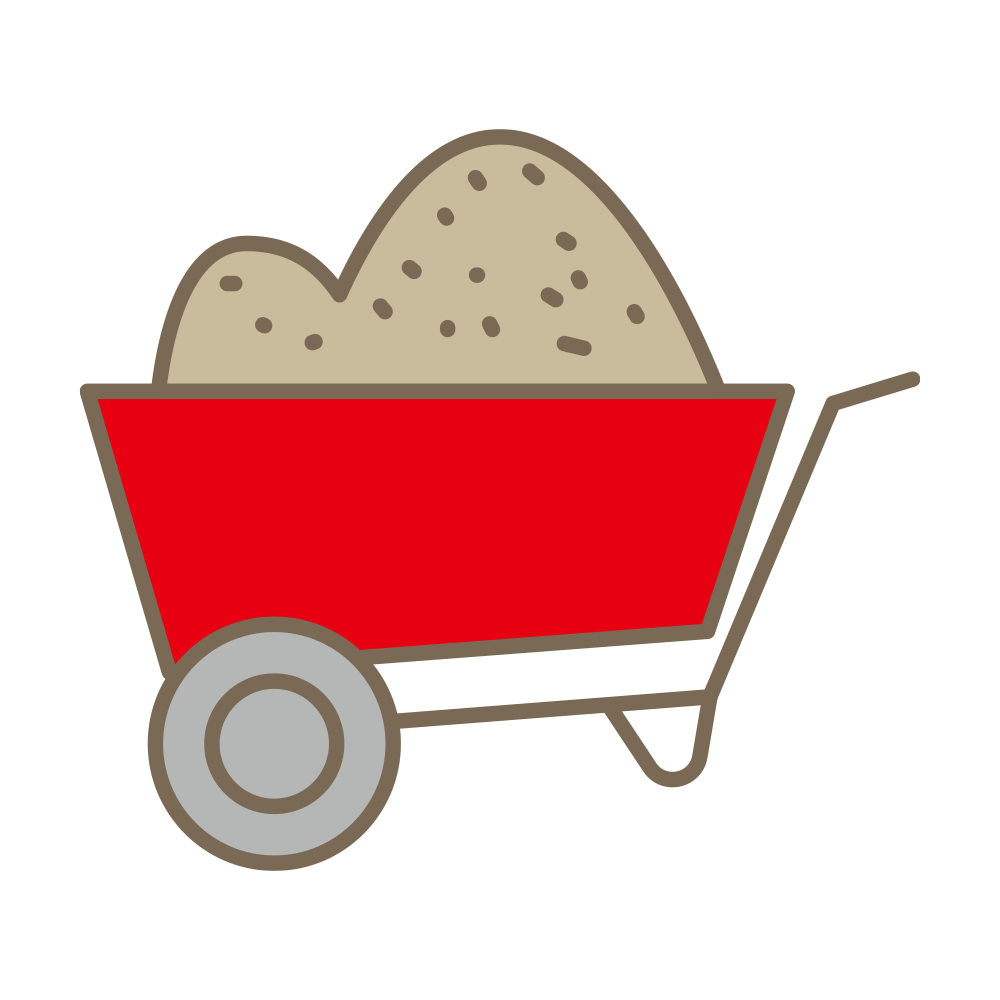 土をたっぷり積んだ赤い一輪車（