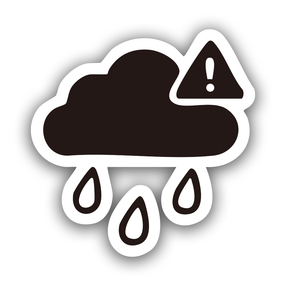 雨雲と激しい雨粒、警戒標識マー