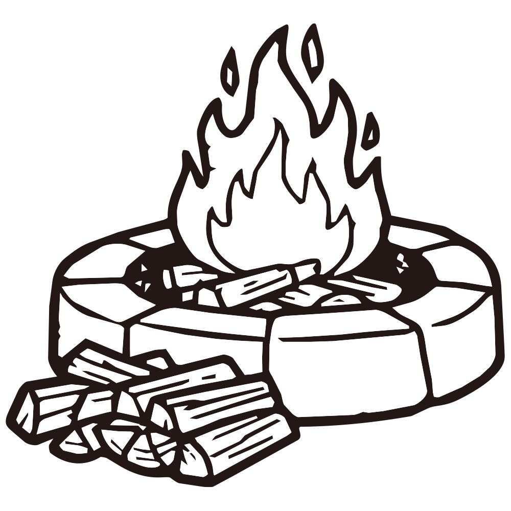 石組みの炉の中で薪がメラメラと