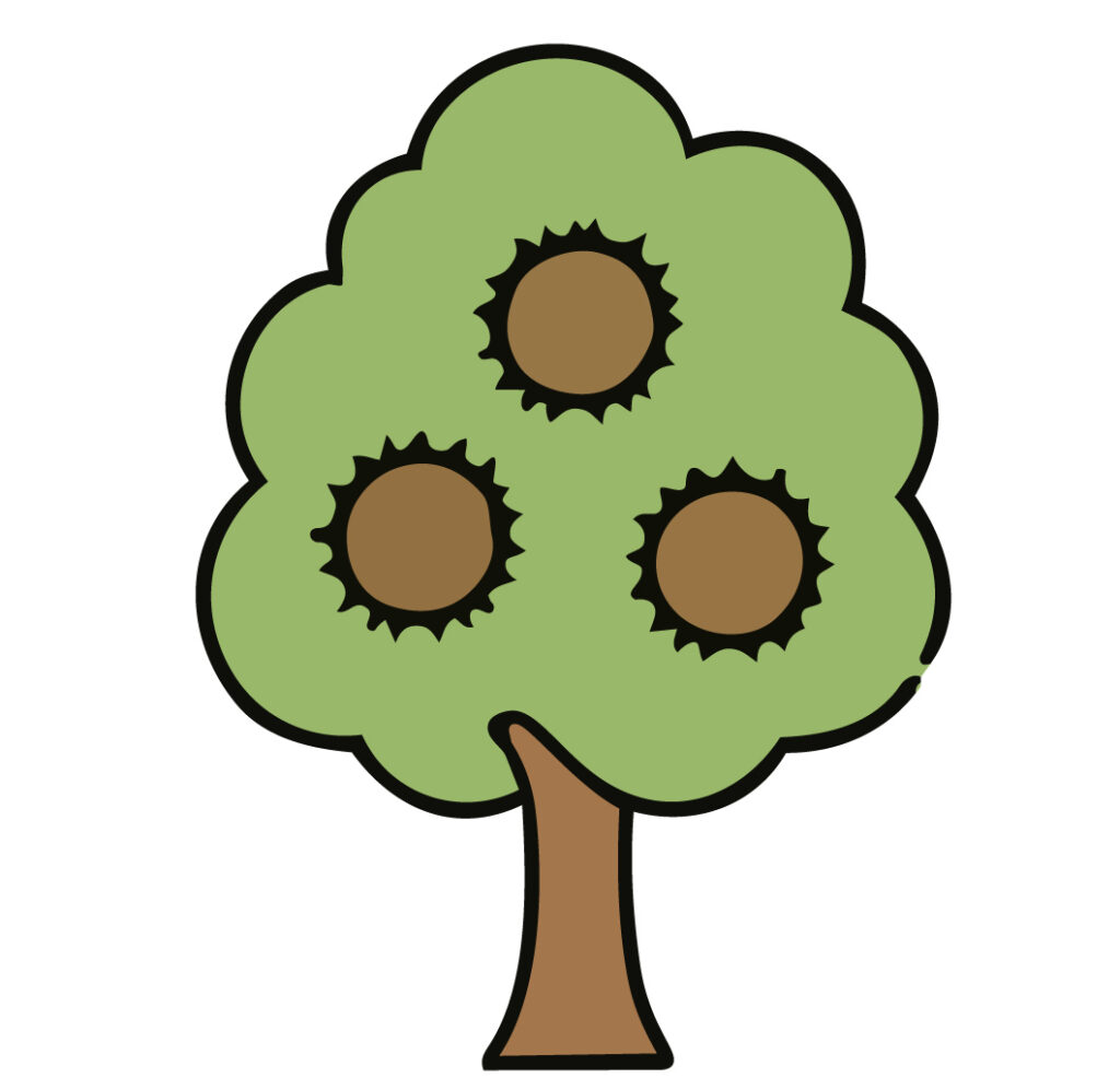 栗の実が実る木を描いた、秋の自