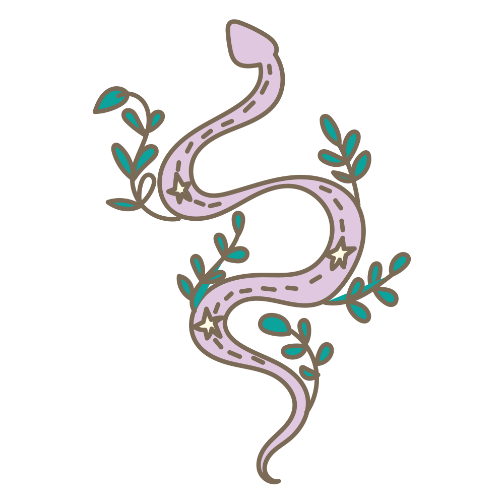 星模様が入った薄紫のヘビが植物