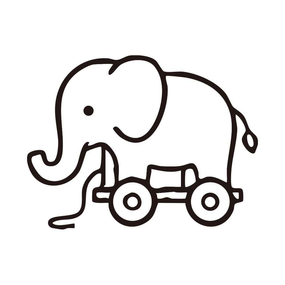 紐を引っ張って遊ぶ車輪付きゾウ