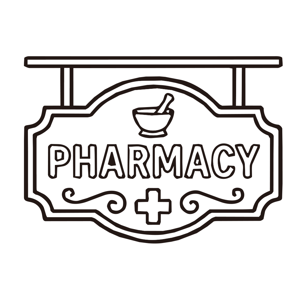 乳鉢と「PHARMACY」の文