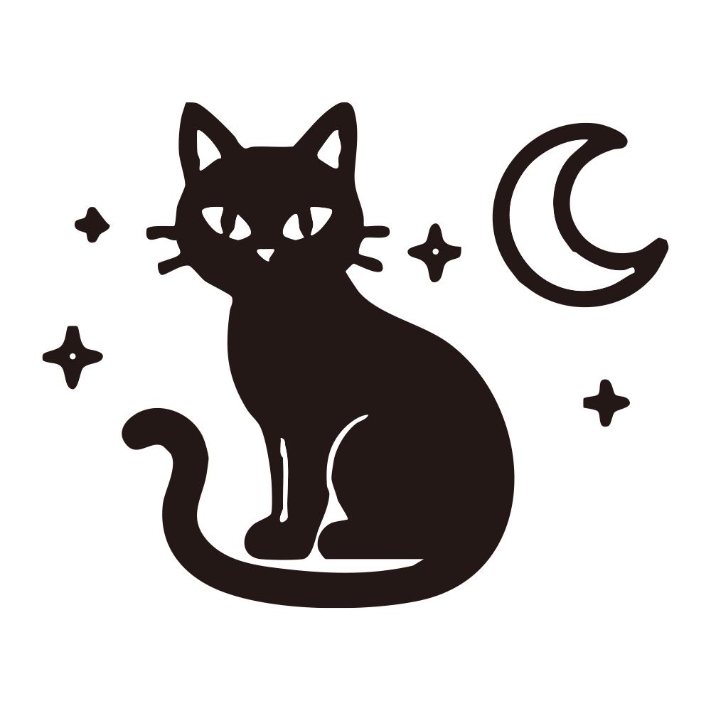 月と星が輝く夜空にたたずむ黒猫