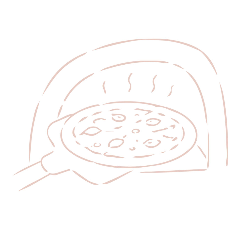 ピザ窯でピザを焼く様子を描いた
