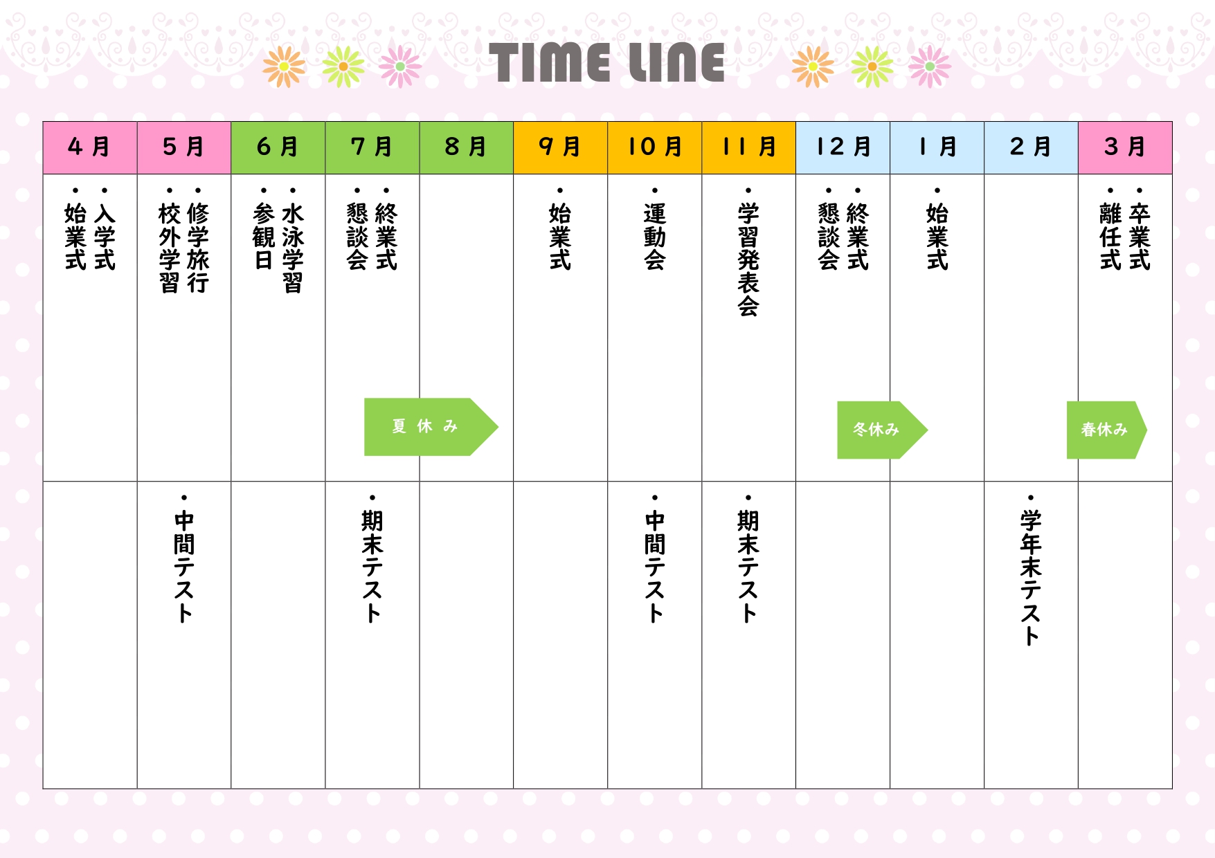 施設を利用する時期やお休みの予定を、年間利用予定表でまとめて共有しませんか。こちらは、淡いピンクの水玉に花とレース風の飾りを添えた、やわらかな印象のテンプレート