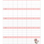 毎日の予定を、花を飾るように楽しんで書き留められる月間スケジュール表テンプレートです。淡いピンクの花柄に、水色の花瓶に生けた一輪の花を添えた、やさしく上品なデザ