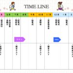 ランドセルを背負った子供たちと桜のイラストが、新しい学校生活を応援する年間行事予定表テンプレートです。淡い水玉模様を背景に、4月から翌年3月までの予定を一覧で確
