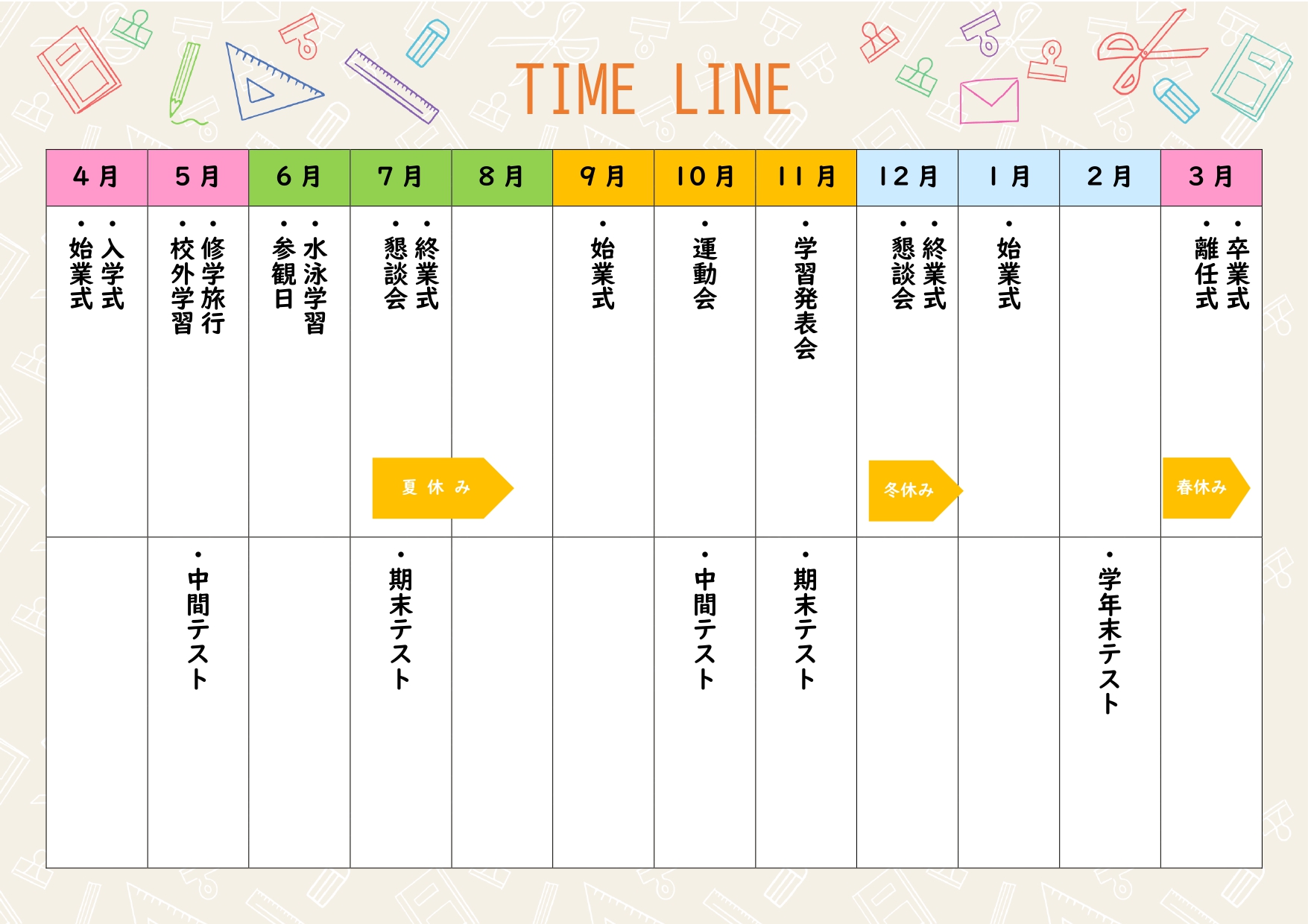 受検日から逆算して、毎月の勉強目標を立ててみませんか。検定試験対策の学習計画表として活用できる、4月から翌年3月までの年間予定表テンプレートです。英検・漢検・数
