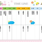 入学式で新入生へ渡す年間行事予定表に、桜と校舎、黄色い帽子の子供たちが描かれたこちらのテンプレートがおすすめです。春らしいピンクの背景が、1年生の新しいスタート