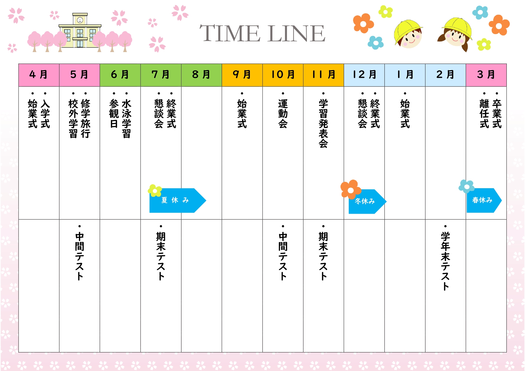 入学式で新入生へ渡す年間行事予定表に、桜と校舎、黄色い帽子の子供たちが描かれたこちらのテンプレートがおすすめです。春らしいピンクの背景が、1年生の新しいスタート