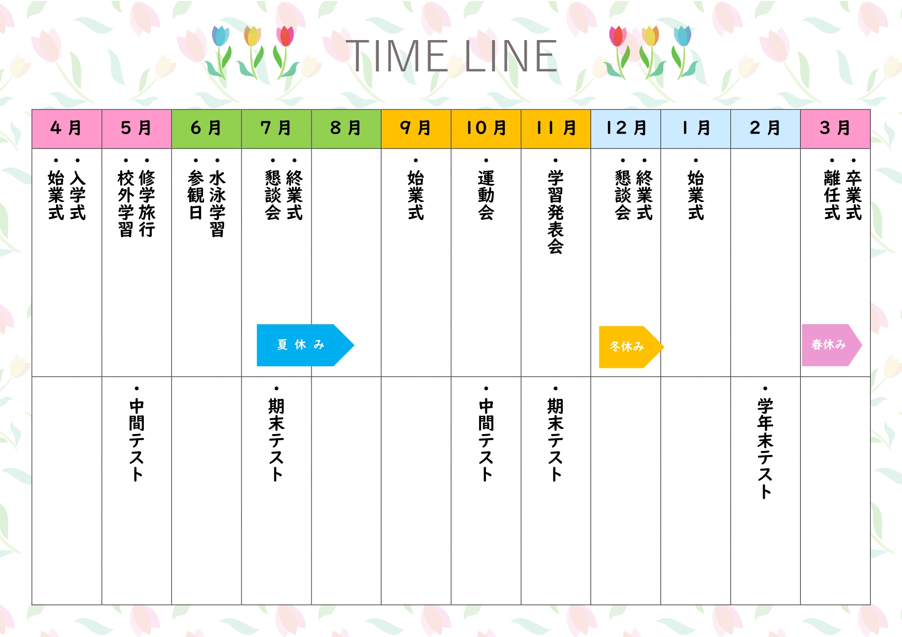 新しい一年の予定を、チューリップ柄のやさしい雰囲気でまとめられる年間行事予定表テンプレートです。淡い花と葉の背景に、赤・黄・青のチューリップを添えた春らしいデザ